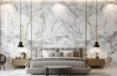 Luxury modern bedroom featuring a large white marble wall panel with gold accents and pendant lights.