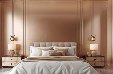 Luxury modern bedroom with rose gold paneled walls, beige upholstered headboard, and elegant bedside lamps.