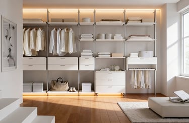 Modern walk-in closet with organized shelving, white cabinets, and warm integrated LED lighting.