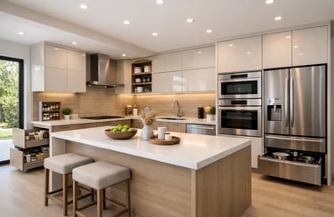 Modern luxury kitchen with white quartz island, stainless steel appliances, and sleek minimalist cabinetry.