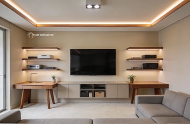 Modern living room entertainment center with wall-mounted TV, wooden floating shelves, and warm LED cove lighting.