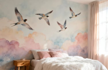 Nursery bedroom featuring watercolor swallow bird wall mural with pink and blue clouds.