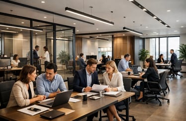 Professional business team collaborating in a modern open-plan office with laptops and documents.