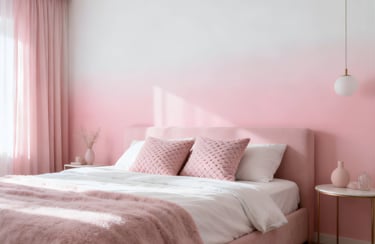 Modern bedroom with pink ombre wall, velvet bed frame, and soft textured pillows.