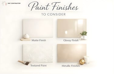 Comparison of matte, glossy, textured, and metallic interior wall paint finishes for home renovation.