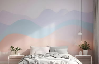 Modern bedroom featuring a pastel wavy accent wall, minimalist white bedding, and hanging pendant lights.
