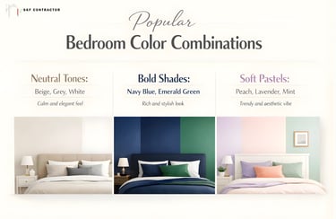 Guide to popular bedroom color combinations featuring neutral tones, bold shades, and soft pastels for interior design.