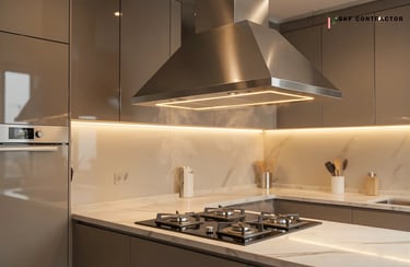 Modern luxury kitchen featuring a stainless steel range hood over a gas cooktop with marble countertops.