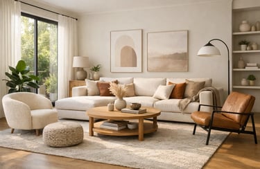Modern bohemian living room with cream sectional sofa, round wooden coffee table, and earthy decor.