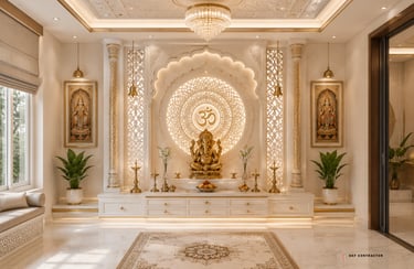 Elegant marble Hindu puja room featuring a golden Ganesha idol and backlit Om symbol wall panel.