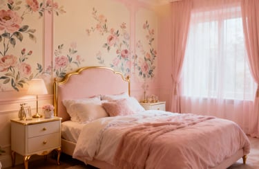 Elegant pink bedroom featuring a gold-frame bed and floral wallpaper with vintage nightstands.