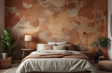 Modern bedroom with earthy terracotta textured wallpaper, minimalist bedding, and indoor plants.