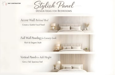 Three stylish bedroom wall paneling design ideas featuring modern accent walls behind beds.