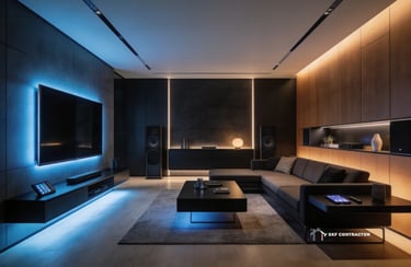 Modern luxury home theater with ambient blue and warm LED lighting, featuring a large screen and sleek sectional sofa.