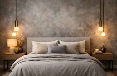 Modern minimal bedroom with a grey textured wall, pendant globe lights, and wooden nightstands.
