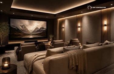 Luxury home theater with plush seating, wood slat wall panels, and warm ambient lighting.