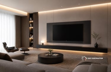 Modern living room interior with a wall-mounted TV, wood slat accents, and warm ambient cove lighting.