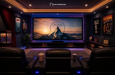 Luxury home theater room with leather recliner seats, a large cinema screen, and ambient LED lighting.