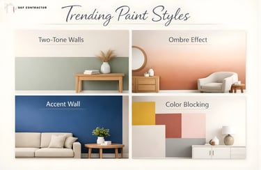 Trending interior paint styles including two-tone walls, ombre effect, accent wall, and color blocking.