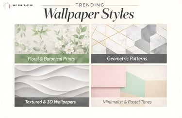 Trending wallpaper styles including floral botanical prints, geometric patterns, textured 3D designs, and minimalist pastels.