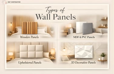 Comparison of different types of wall panels for bedroom interiors including wooden, MDF, PVC, upholstered, and 3D