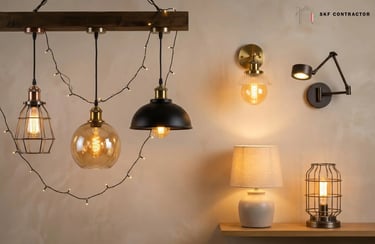 Modern interior lighting display featuring industrial pendant lights, wall sconces, and a decorative table lamp.