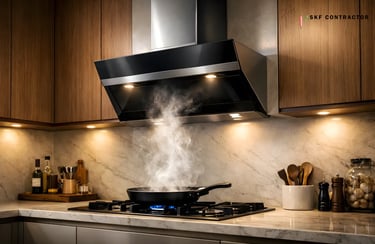 Modern black glass range hood extracting steam from a frying pan on a gas stove in a luxury kitchen.