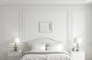 Elegant white master bedroom featuring classic wall molding, luxury bedding, and symmetrical bedside lamps.