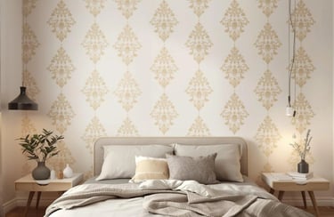 Elegant bedroom with beige damask wallpaper behind a modern bed with neutral bedding and nightstands.
