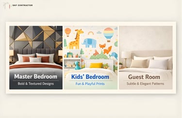 Three bedroom design styles including a bold master bedroom, playful kids' room, and elegant guest room.