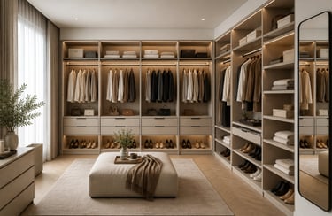Luxury walk-in closet featuring custom shelving, integrated LED lighting, and a modern ottoman.