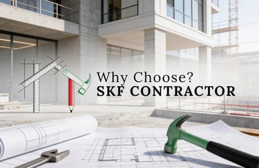 SKF Contractor construction blueprints with a hammer on a modern building site.