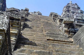 tiny stairs leading up a temple in Ankor Wat