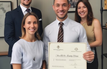 A person in a suit is seated at a desk, holding a phone to their ear and using the other hand to turn pages in a document. The workspace includes a computer monitor, paperwork, and other office supplies. Large windows allow natural light to illuminate the area.