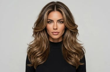 1990s supermodel-inspired blowout hairstyle with big volume, fluffy layers, and a retro fashion edit