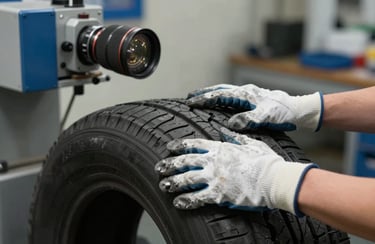 Close-up of hands in protective gloves balancing a tire on a specialized machine, medium blue lighting accents, professional workshop.