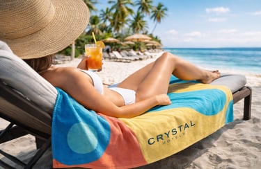 Crystal Hotels markalı havluların otel şezlongunda kullanımını gösteren marka uygulama görseli