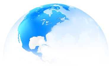 A 3D blue earth globe showing North America and global connectivity concepts on a white background.