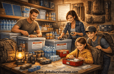 A family organizes emergency food supplies and survival gear for a disaster preparedness plan.