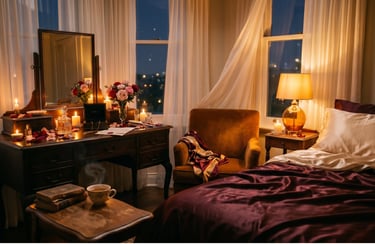 Cozy romantic bedroom with silk bedding, vintage vanity, and candles lit at night.