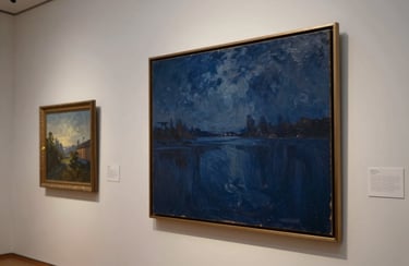 Fine art oil painting displayed on a gallery wall in a European / French setting, elegant soft-focused lighting, Deep Navy Blue palette.