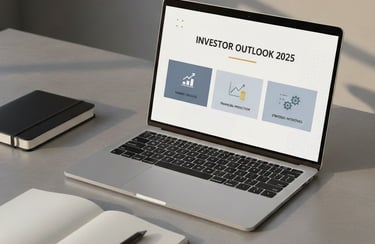 Modern pitch deck design example on a laptop showcasing clean layout, strong visual hierarchy, and p