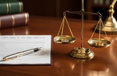 Conceito jurídico de divórcio e dissolução de união estável com balança da justiça