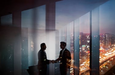 Silhouetted business professionals shaking hands in a high-rise office overlooking a city at night.