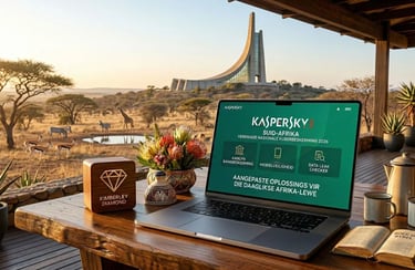 Kaspersky-sagteware op skootrekenaar met uitsig oor Taalmonument en wildtuin, met 'n Bybel en proteas.