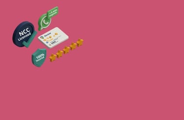 NCC licensed and 100% insured service icons with customer reviews and WhatsApp support.