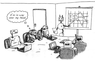 Cartoon with robots in a board meeting.