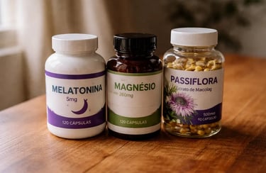 Three supplement bottles of melatonin, magnesium, and passiflora capsules for sleep and relaxation.