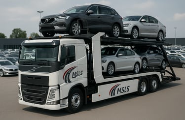 Large MSLS branded car transporter truck hauling a full load of new cars.