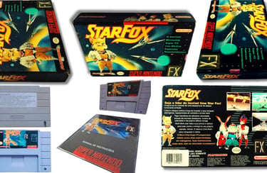 Star Fox é um dos jogos lançados pela Playtronic, aqui tem a caixa, o cartucho, manual e a poster